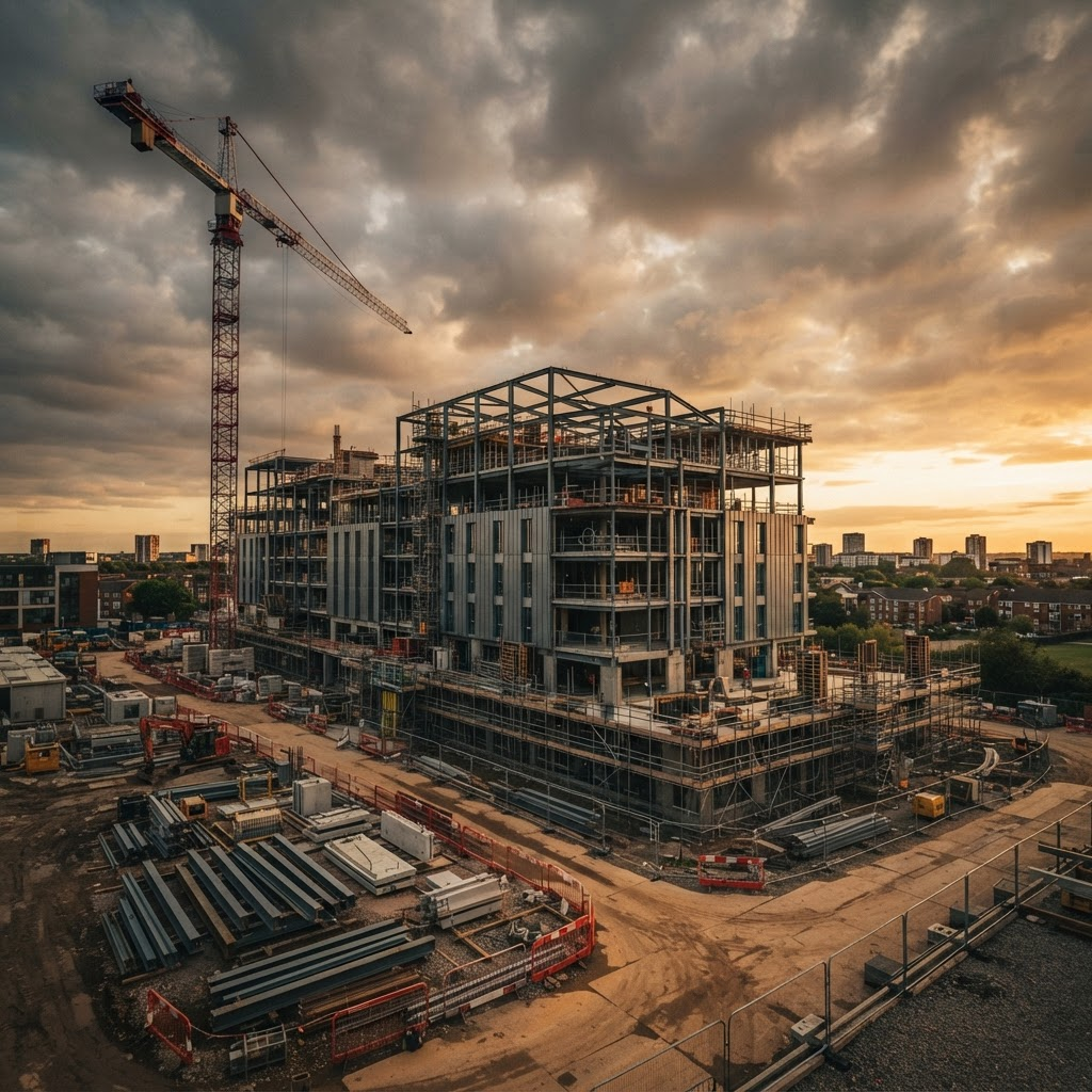 Modern construction site with a tower crane at golden hour